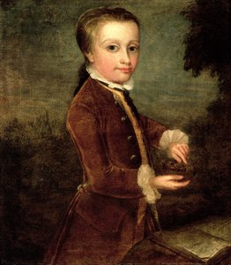 Nyolc éves Wolfgang Amadeus Mozart (1756-91) portréja madárfészket tartva, 1764-65